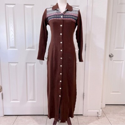 Vtg Esprit Button-Up Maxi Sweater Dress Brown Size large