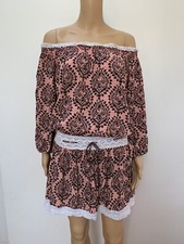 Free People pink printed lace trim 3/4 sleeve off shoulder mini dress tunic S