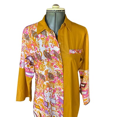 Woodin Fashion 3/4 Bell Sleeve Button Up Cotton Dress Geometric/Block Print  MED