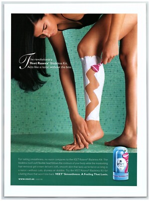 2005 VEET Rasera Bladeless Kit Print Ad, Woman In Bra Shaving Legs Zig Zag Toes