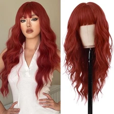 Red Wig With Bangs Long Red Culry Wavy Women's Wig Natural Looking Heat Resis...