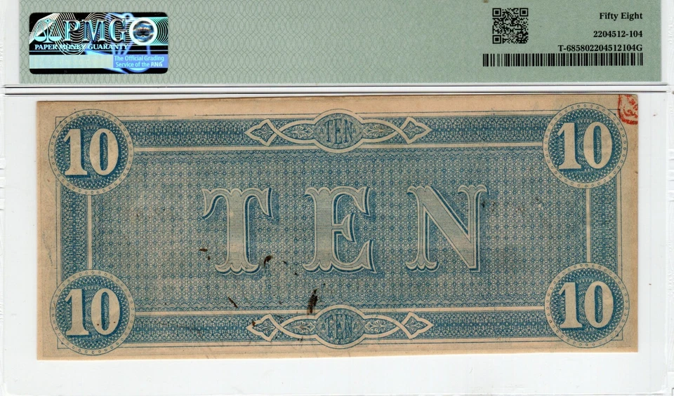 T-68 PF-46 1864 $10 Confederate Paper Money - PMG Choice About Uncirculated 58 - Image 2 of 2