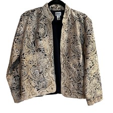 Chico's Jacket 100 Silk Blazer Topper Beaded Navy Gold Print Size 2 US Large