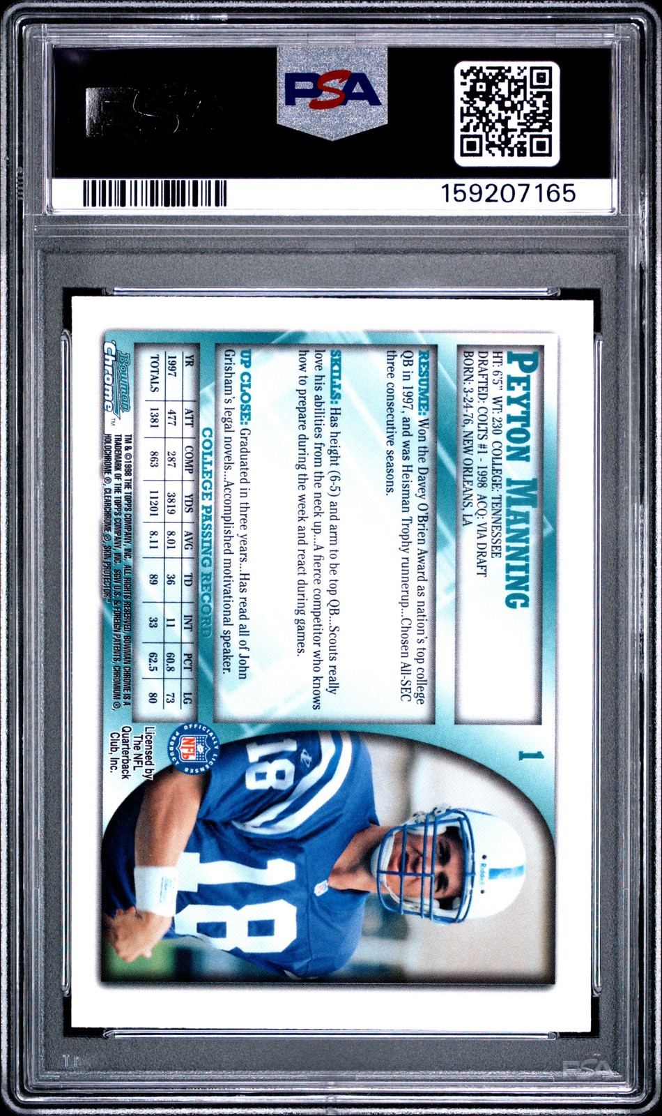 159207165 Peyton Manning 1998 Bowman Chrome #1 Rookie RC PSA 10 view 2