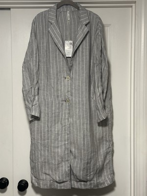 Mango, Casual Women s 100% Linen Coat/Jacket, Gray/White Stripped, Size M