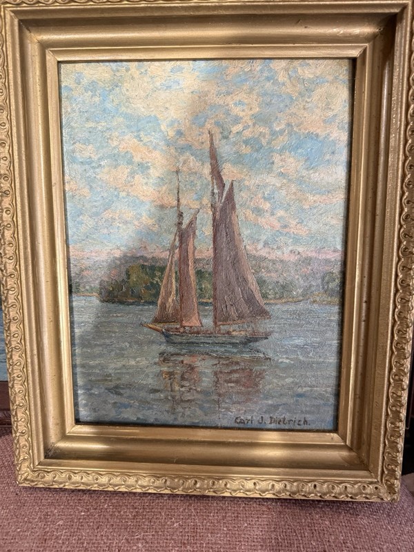 Carl J. Dietrich Signed Framed Small Impressionist Sailboat Seascape Painting