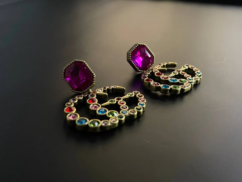 Gucci GG Logo Pink Crystal Multi-Color Gemstone Drop Earrings - Image 2 of 4