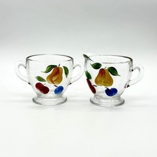 Vtg. Hand-Painted Gay Fad Glass Creamer & Sugar Set w/Pear Plum Apple