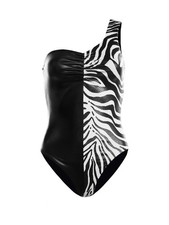 Bodysuit In Zebra Print   Black  White. One-shoulder, asymmetrical neckline XS