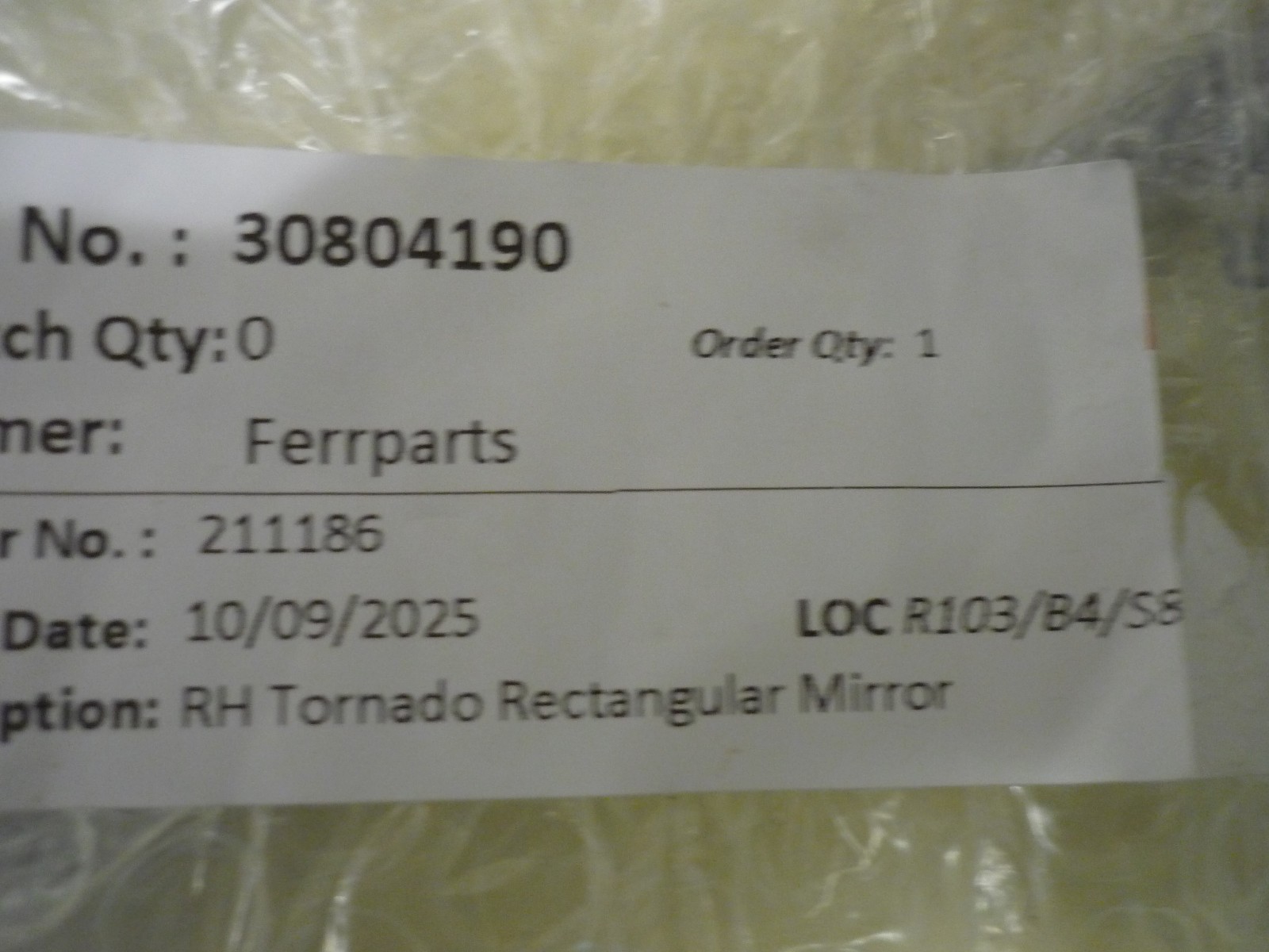 Ferrari 308 -RH Tornado Rectangular Mirror  With Hardware NEW - P/N  30804190
