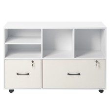 Wooden 2-Drawer Rolling Lateral File Cabinet with 4 Open Shelves