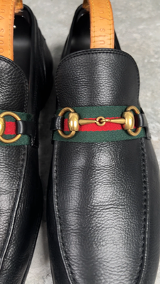GUCCI Jordaan Horsebit Web Loafers Grain Black Leather 9 G  display picture 2