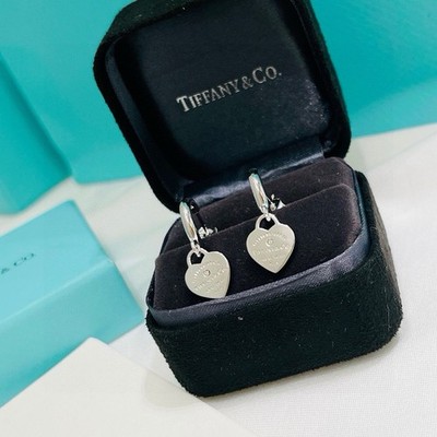 Tiffany & Co. 925 Sterling Silver Signed Heart Tag Dangle Hoop Earrings