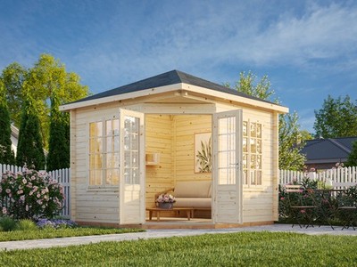 Gartenpavillon Holz 44mm MELANIE 300x300 cm 44mm Wände 5-Eck Pavillon ISO-Glas
