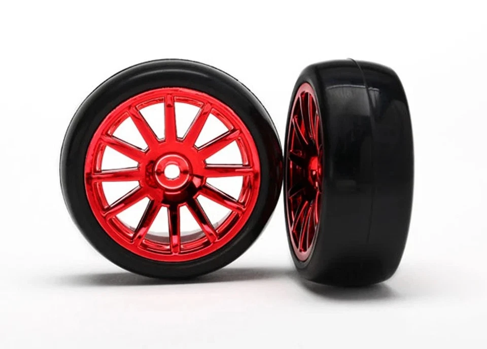 LATRAX 7573X - 1/18 SLICK TIRES - 12 SPOKE WHEELS-2PK-RED CHROME-TRAXXAS 7573X - Image 1 of 1