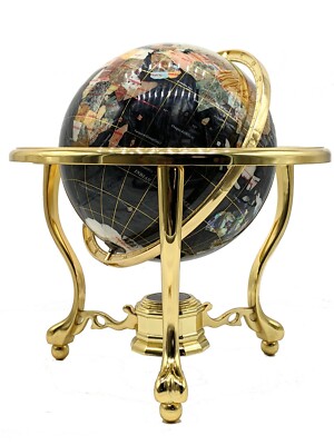Collector Edition! 14'' Black Pearl Swirl Gemstone globe w Tripod Gold Stand