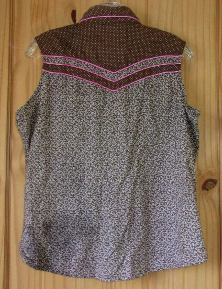 Aura Brown Sleeveless Pearl Snap Shirt w Pink Piping Womens L eBay