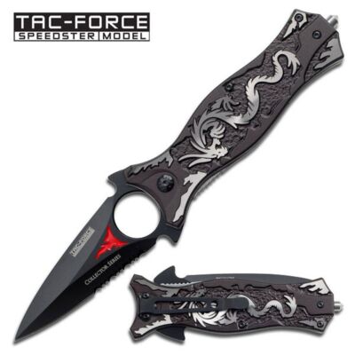 SPRING-ASSIST FOLDING POCKET KNIFE Tac-Force Black Gray Dragon Dagger Serrated