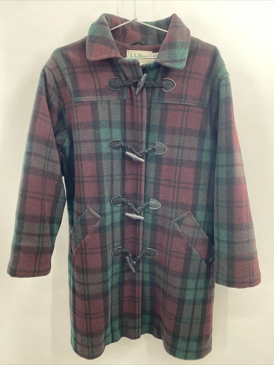 LL Bean Womens Sz 6 Pure Wool Plaid Zip Duffle Coat Thinsulate