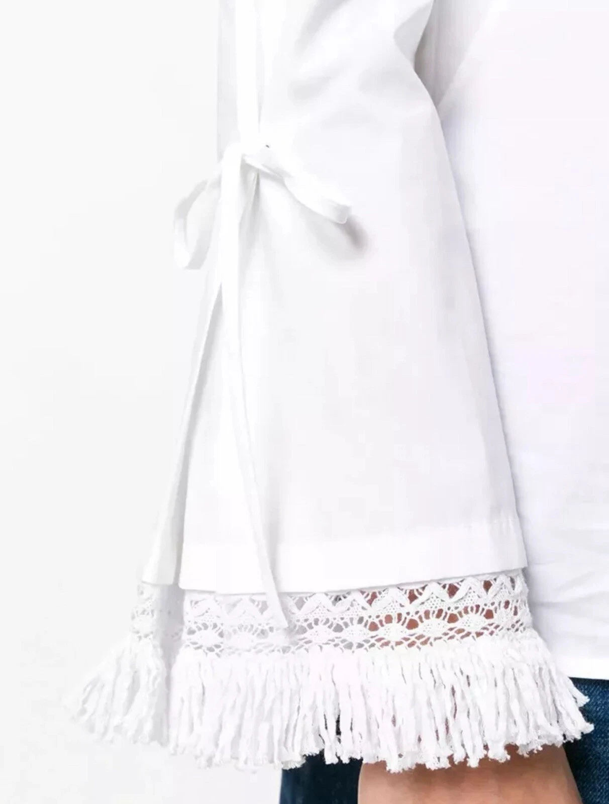 Tunica Tory Burch Sophie collo diviso manica lunga a campana frange popeline bianco taglia XS 0