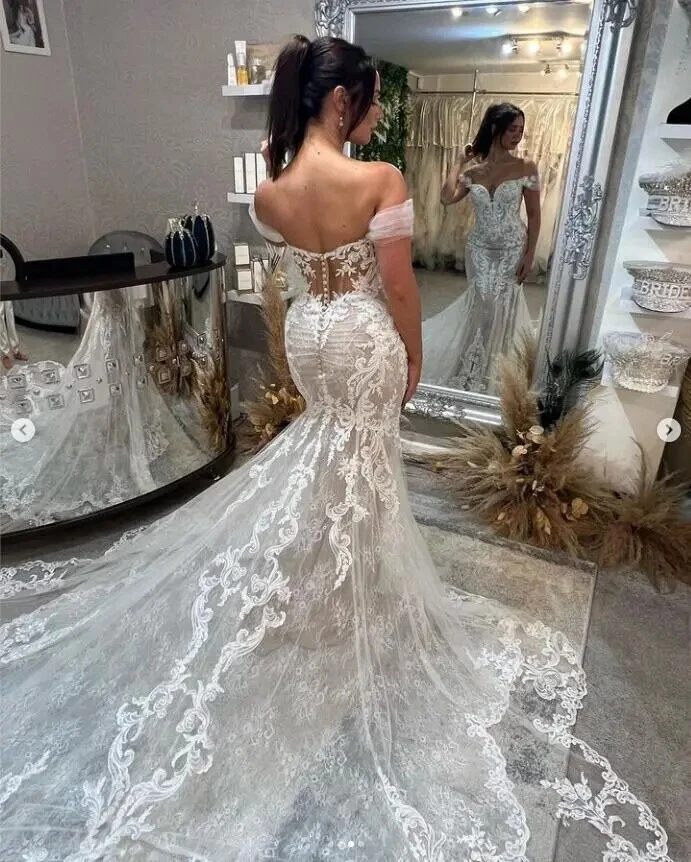 Off Shoulder Mermaid Wedding Dresses Floral Cathedral Train Bridal Gowns Off Shoulder Mermaid Wedding Dresses Floral Cathedral Train Bridal Gowns