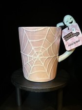 Halloween Pink Spiderweb Coffee Mug 3D Ghost Handle NWT