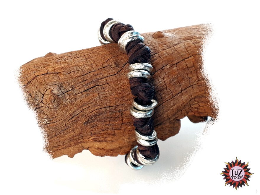 Bracelet Homme Cuir Brut Et Métal Rustique – Marque Luz Italy – Réglable – Neuf Avec étiquettes