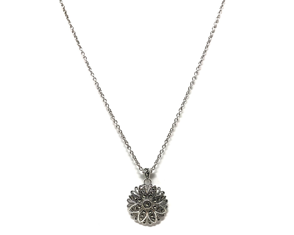 Marcasite Starburst Flower Pendant on a Chain Necklace - Sterling Silver