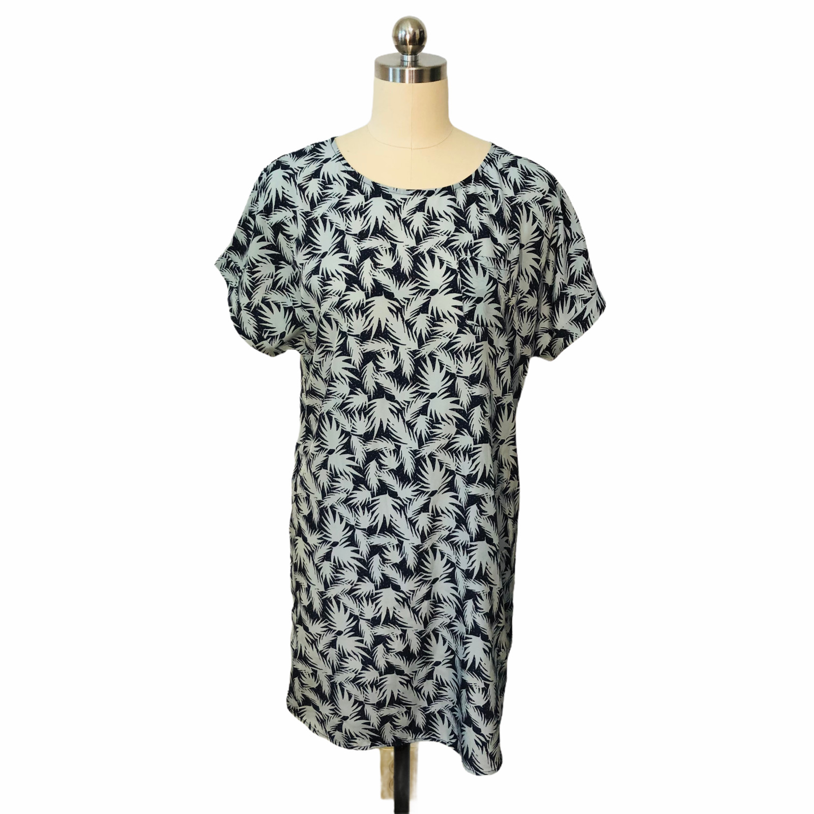 Nordstrom Caslon Shift Dress Navy Light Blue Palm Leaves SS sz