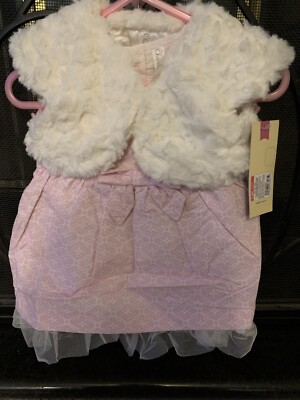 Cherokee poplin dress with bow with fur vest  3-6 mo