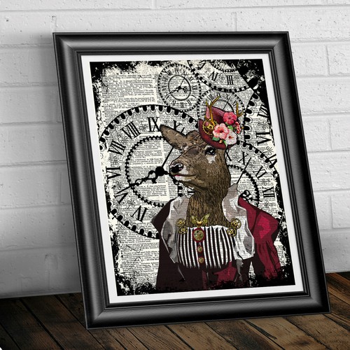 Doe Steampunk Deer Art Print On Original Book Page Lady Vintage dictionary - Picture 2 of 3