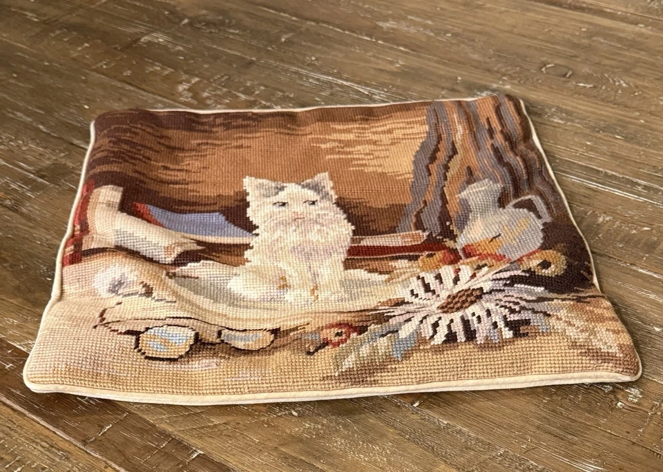 Vintage Needlepoint Cat Pillow Cover Handmade Wool Grannycore 16"x15” Read - Image 3 of 4