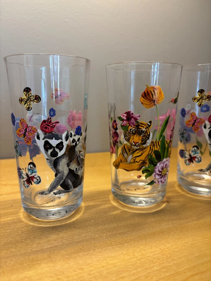 Raro Juego de 4 | Vaso de jugo Anthropologie Nathalie Lete | Tigre | Tropical  Foto 2 de 3