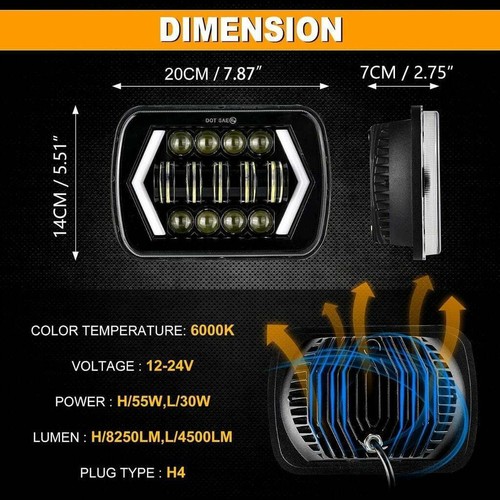 Pair 5x7 7x6 LED Headlights Amber DRL+Wiring For Jeep Wrangler YJ Ford E-250 350 - Picture 3 of 12