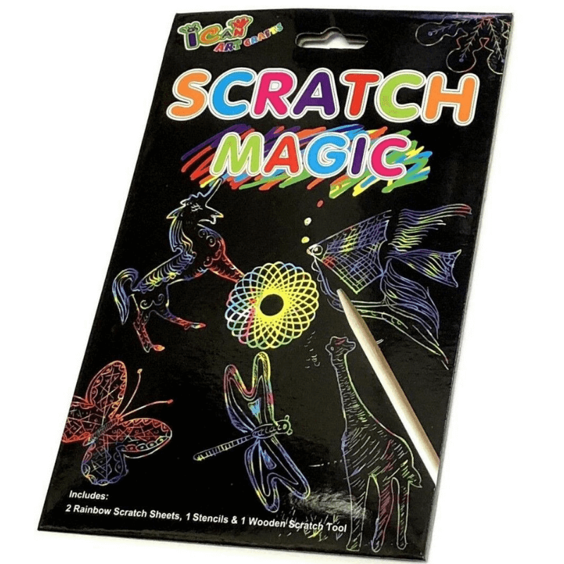 Scratch Magic Art - 2 Rainbow Scratch Sheets - Stencils - Wooden Scratch Tool