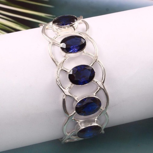 Blue Sapphire Gemstone 925 Sterling Silver Jewelry Cuff Bracelet Size-ADJ - Picture 3 of 7