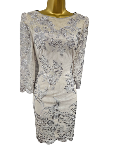 12 UK KAREN MILLEN Vintage Grey Oriental Mesh Floral Embroidered Mini Dress - Picture 3 of 12