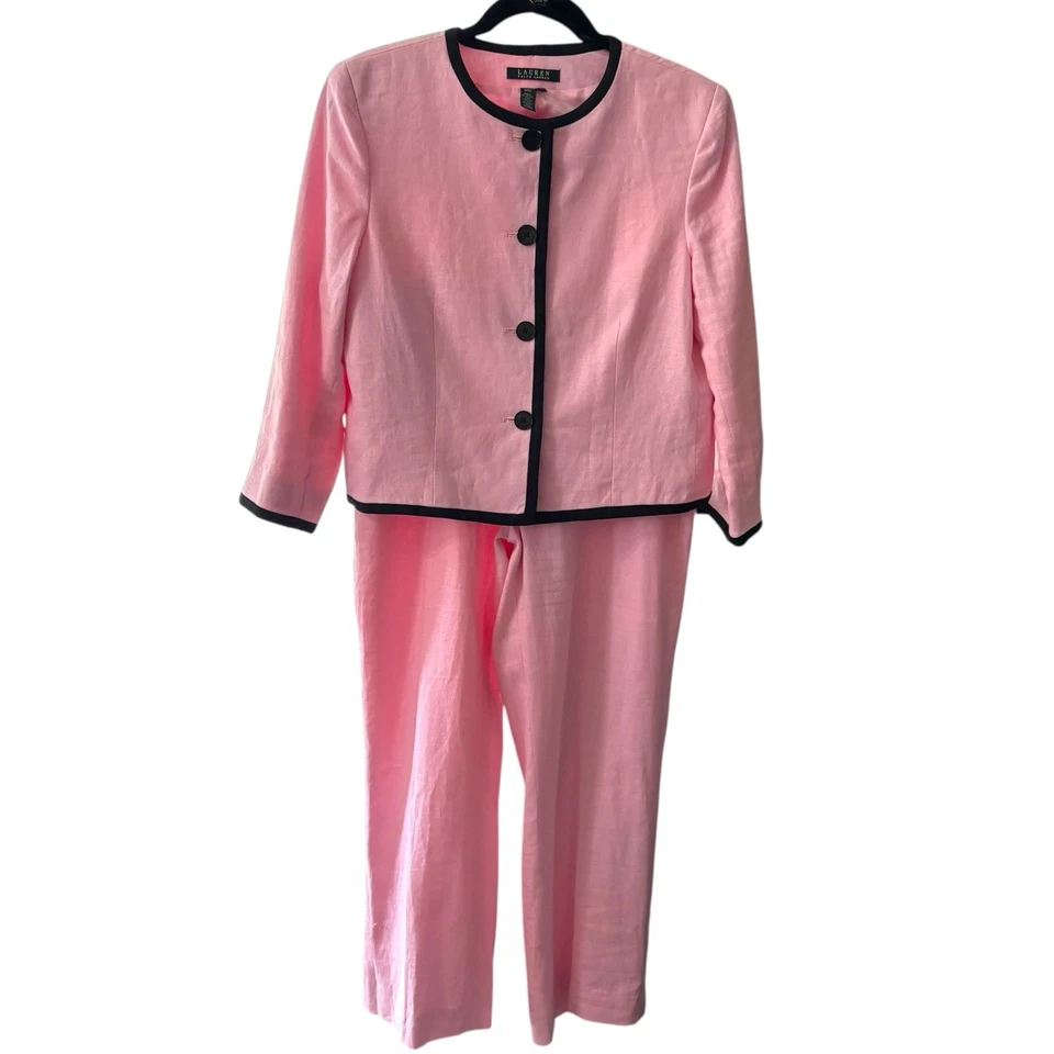 Lauren Ralph Lauren 粉色亚麻套装 2 件套夹克 10 裤 8 黑色装饰经典 — 第 3/4 张图片