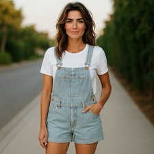 Vintage OUTLAW Pin Stripe Denim Overall Shorts Y2K Shortalls Sz L GTbD