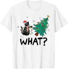 Funny Black Cat Gift Pushing Christmas Tree Over Cat What T-Shirt