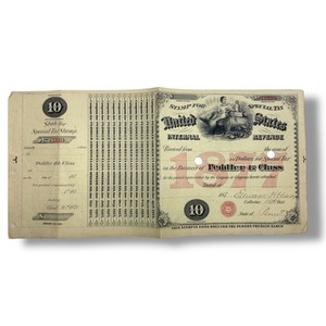 1877 $10 Peddler Internal Revenue Special Tax Stamp Yellow Scranton Pennsylvania