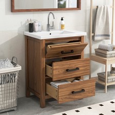 24'' Bathroom Vanity Modern with Ceramic Basin - 3 Drawers Cabinet, Single Sink