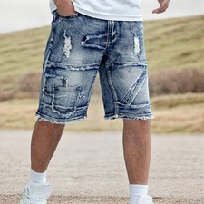 Mens Distressed Denim Shorts Frayed Patchwork...