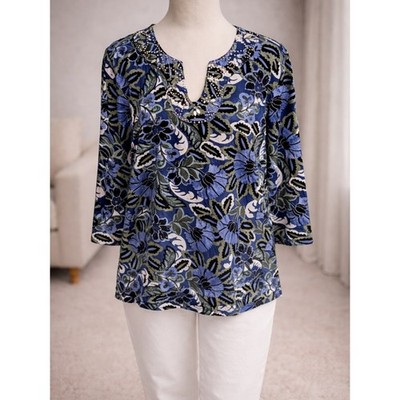 Ruby Rd. Blue Floral Split V-Neck Tunic