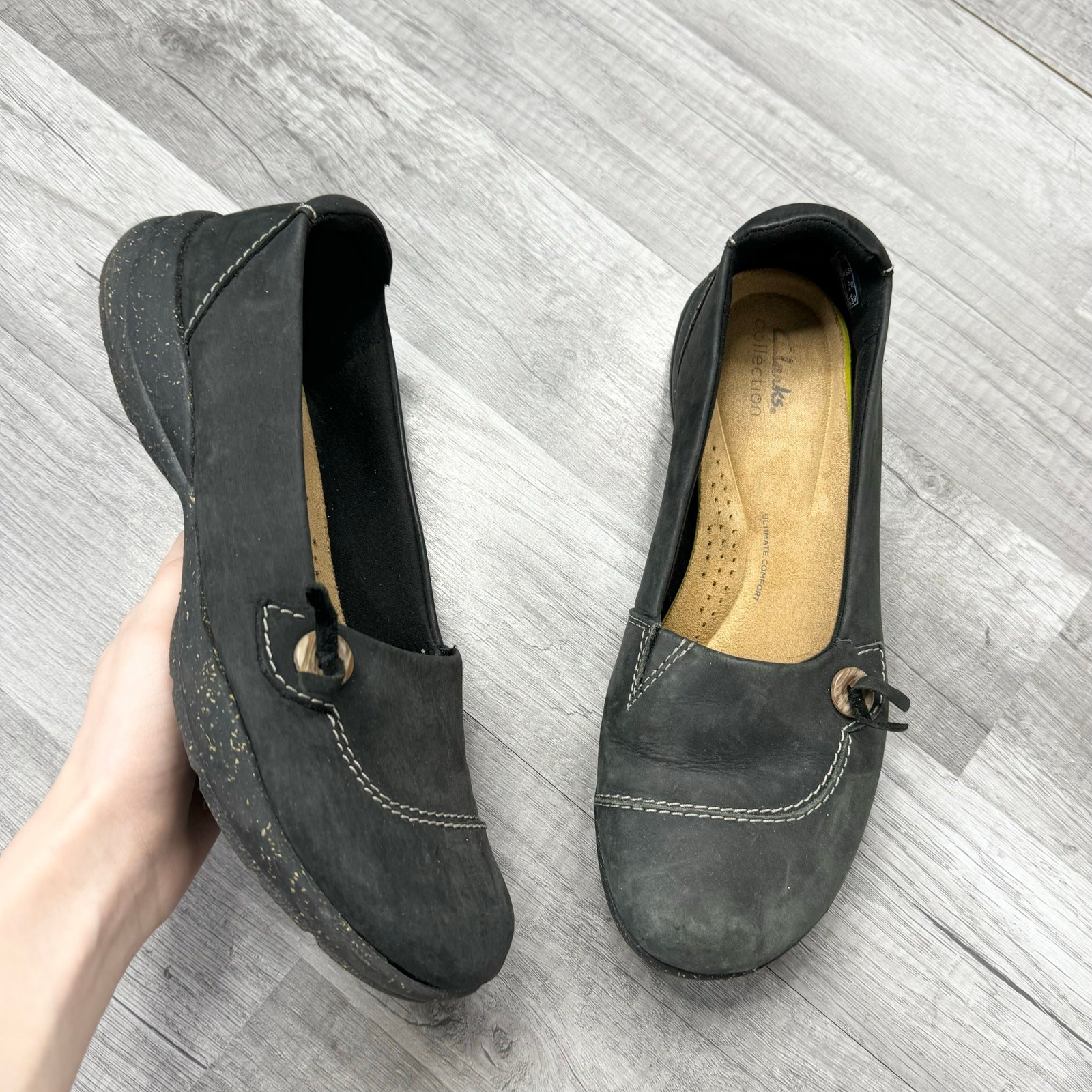 Clarks Women's Roseville Sky Loafer Slip on Flats Black Leather Womens Size 10