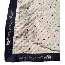 Just Born Minky Baby Blanket Navy Trim Elephants Love You To The Moon 28 x 40"