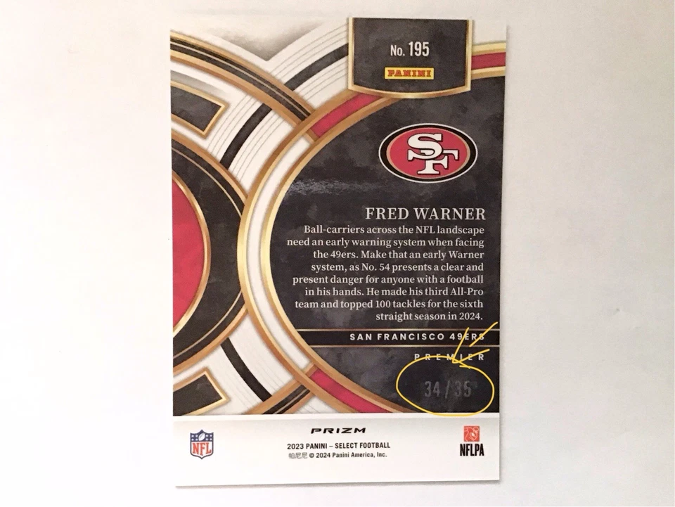 🔥2023 Panini Select Premier Level Fred Warner White Prizm /35 *READ*🔥 - Image 4 of 4