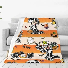 Halloween Skeleton Blanket Mickey Goofy Donald Orange Throw Cozy Fall Decor