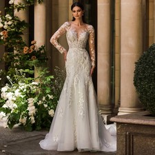 Customized Elegant Mermaid Wedding Dresses Long Sleeves Lace Train Woman Gown