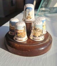5 Wonders of The World Fine Bone China Thimbles With Wooden Display Stand